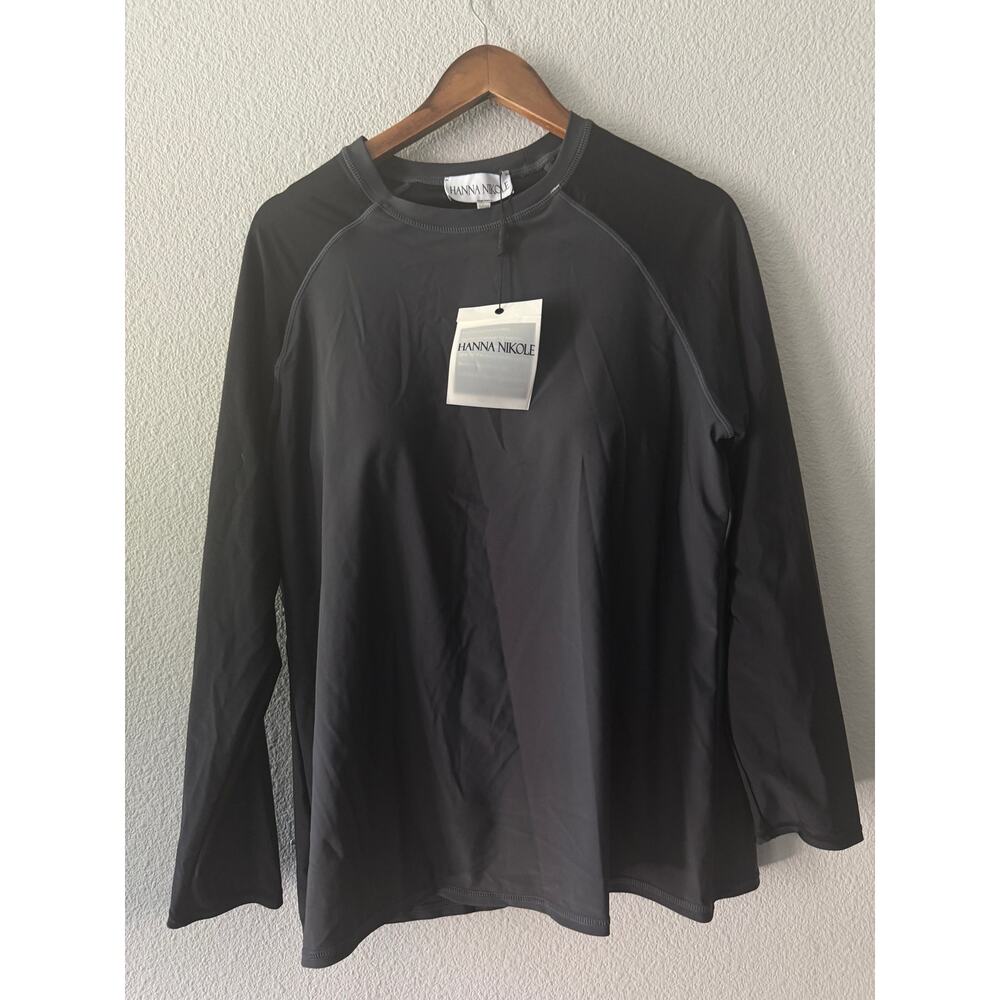 Hanna Nikole Black Long Sleeve Swim Top Rash Guard Built In Bra Plus Size
